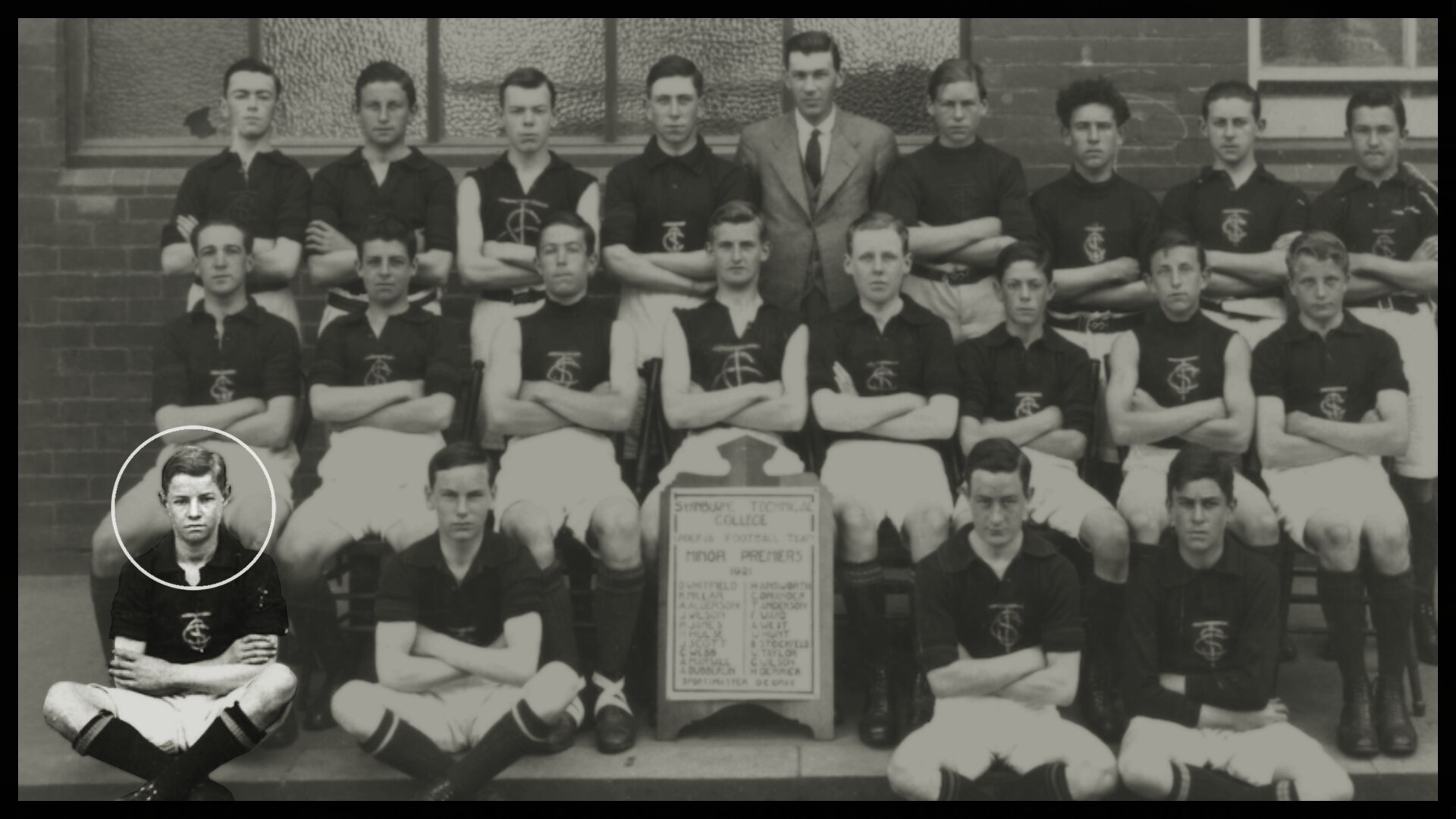 A black and white team photo of an AFL team with bottom left young man circled