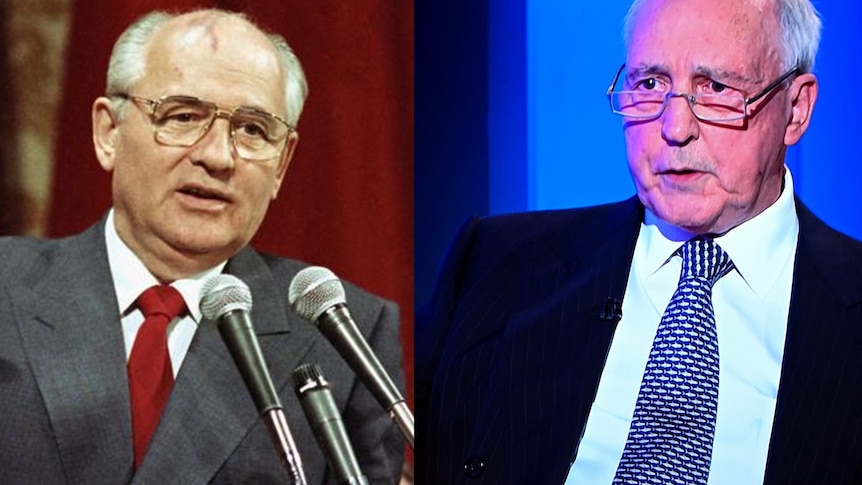 A photo of Mikhail Gorbachev and a separate photo of Paul Keating side by side