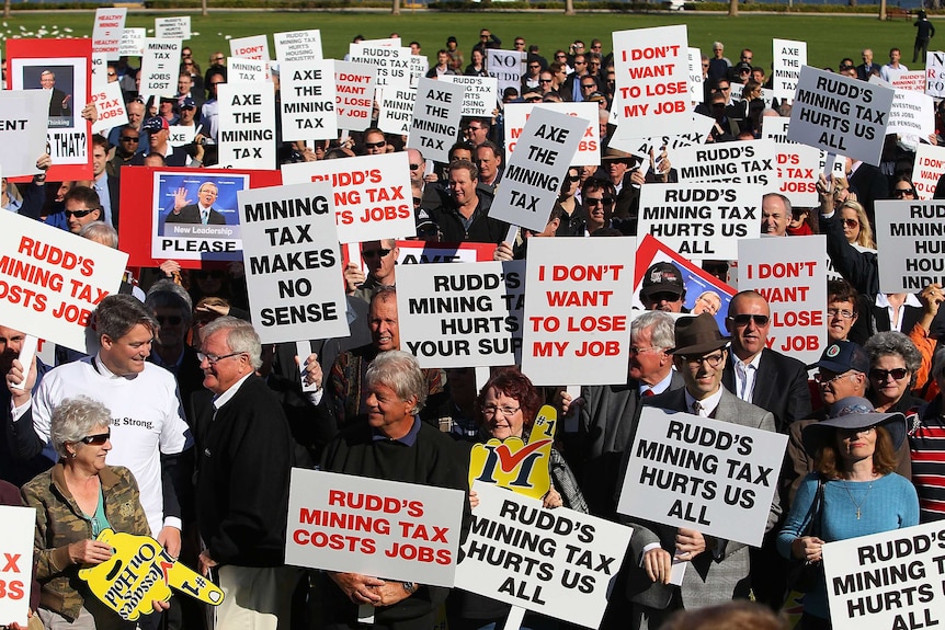 Protesters rally against the Rudd government's proposed mining tax in Perth on June 9, 2010.