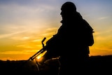 A Ukrainian soldiers holds a gun standing in front of a sunrise.