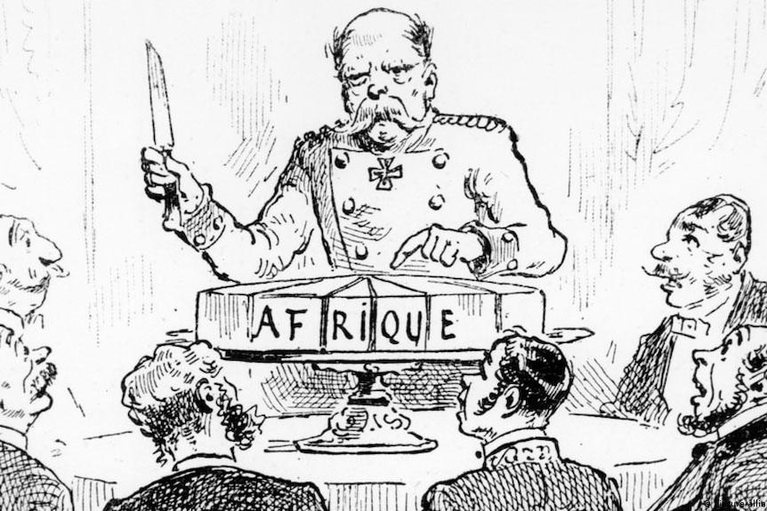 An 1800s black and white caricature of an old man cutting up a cake, with the word 'Afrique' on it.