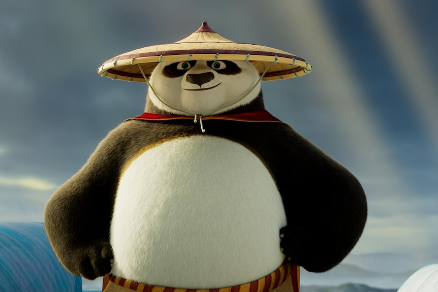  An animated panda in a straw hat stands with his hands on his hips.