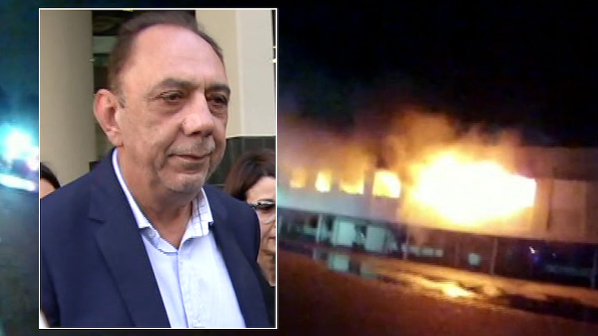 A headshot of a man outside court and a still of a building on fire.