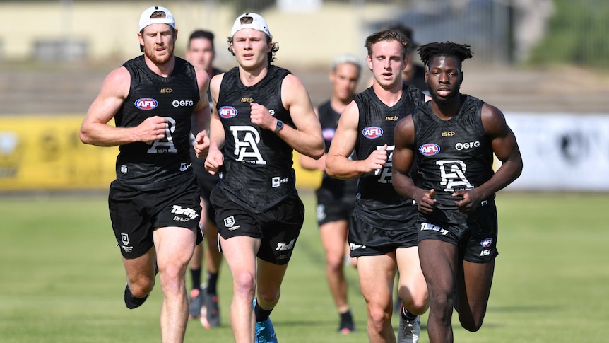 AFL footballers are seen running laps at training in Adelaide.