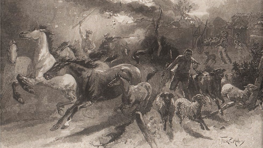 Convicts Plundering Settlers Homesteads, engraving by Frank P Mahony, 1888