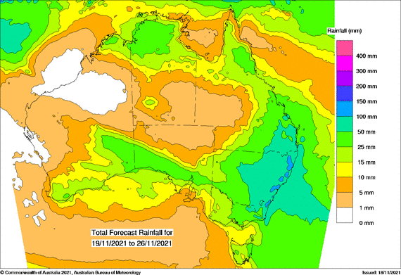 Map of Australia indicating rain for much of the country and patches of 100-150mm for parts of NSW.