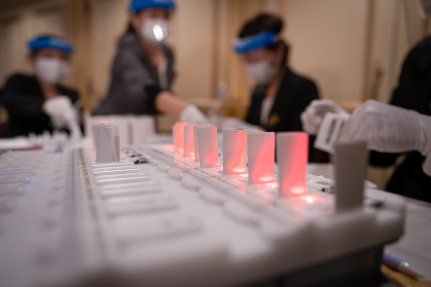 A close-up of white strips being lit up red as they're inserted into a rapid antigen testing machine 