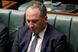 Barnaby Joyce gazes down towards his hands, which are clasped in his lap. Next to him are Christopher Pyne and Ken Wyatt