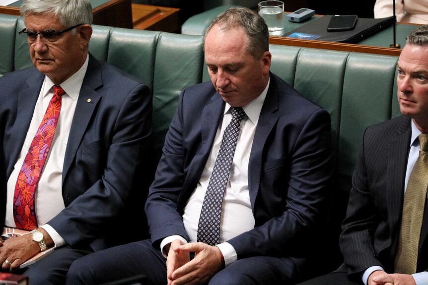 Barnaby Joyce gazes down towards his hands, which are clasped in his lap. Next to him are Christopher Pyne and Ken Wyatt