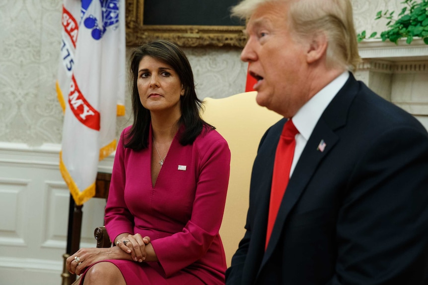 President Donald Trump speaks during a meeting with outgoing US Ambassador to the United Nations.