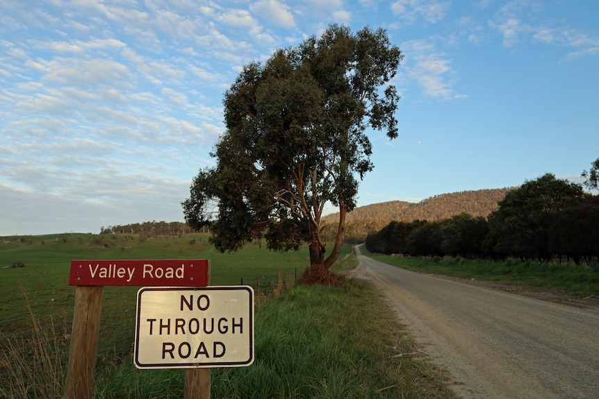 Two signs next to a road say "Valley Road" and "No through road".