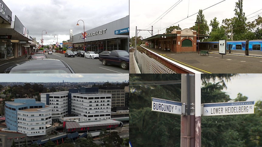 Composite image of Heidelberg's Burgundy Street shopping strip, train station, Austin Hospital and street sign.