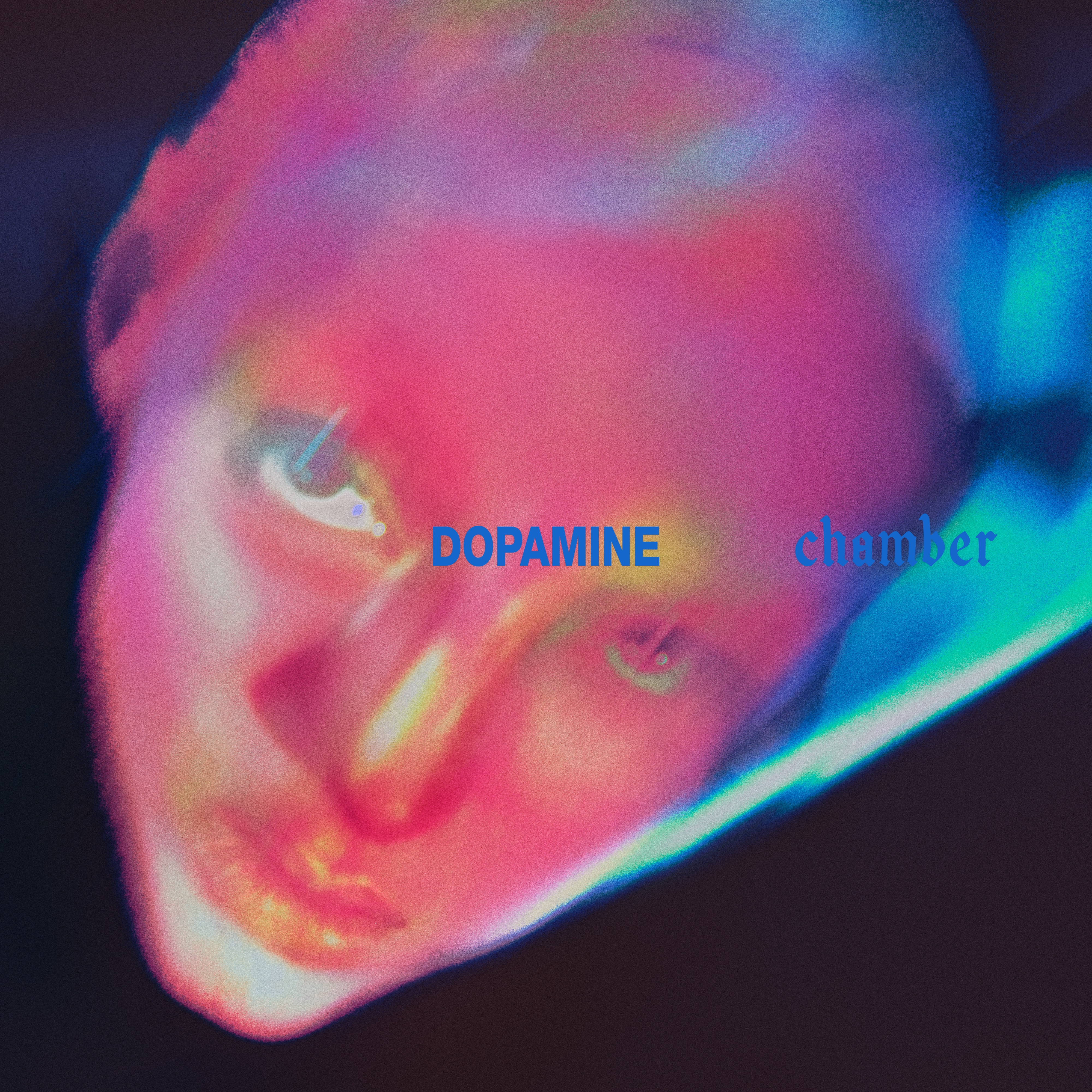 An un-gendered face that is in inverted pastel colours with the words "dopamine chamber" in small letters across the middle