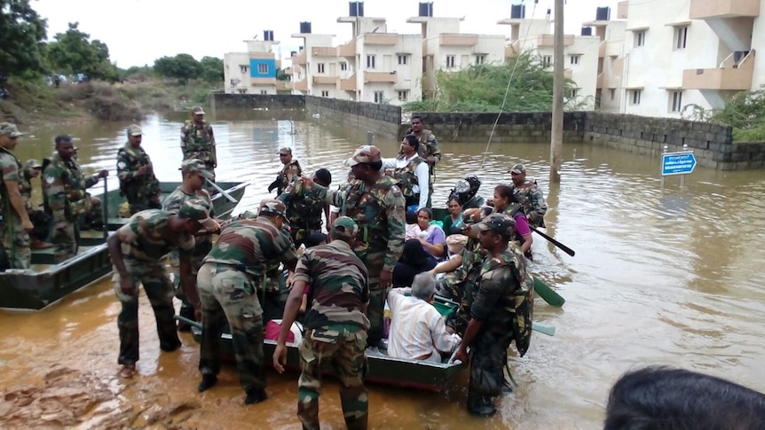 Army personnel engaged in rescue operations in Chennai, India.