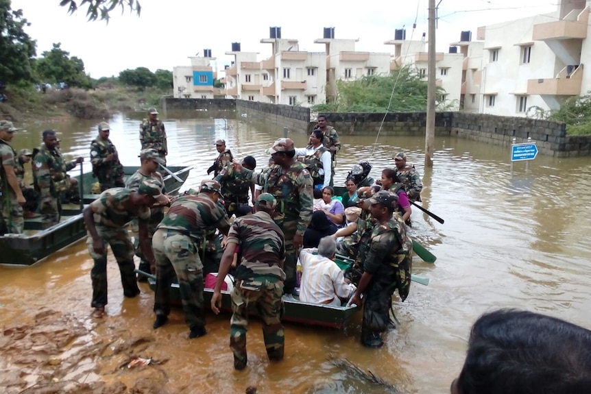 Army personnel engaged in rescue operations in Chennai, India.