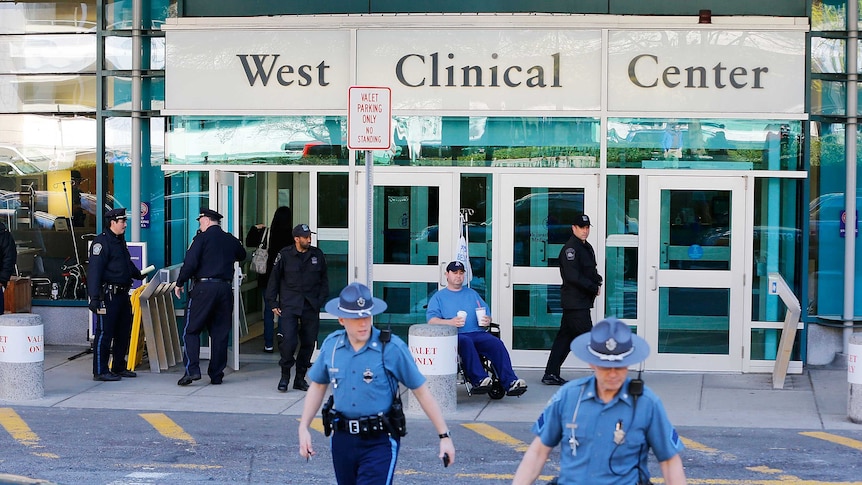 Police guard the hospital where Boston Marathon bombing suspect Dzhokhar Tsarnaev is receiving medical attention.