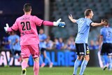 Danny Vukovic and Alex Wilkinson appeal during Sydney FC's A-League semi-final