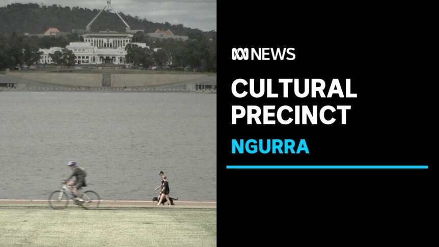 Cultural Precinct, Ngurra:Cyclist and dog-walker in foreground with Parliament House in the background across a lake.