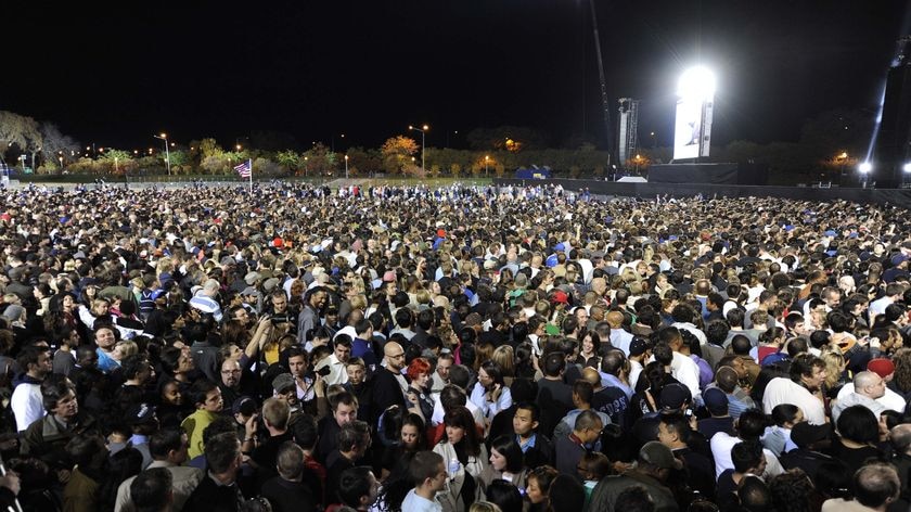Supporters of Barack Obama gather at Grant Park in Chicago on the evening the US election