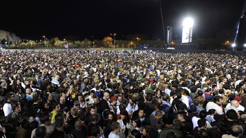 Grant expectations: Obama supporters gather at Grant Park in Chicago.