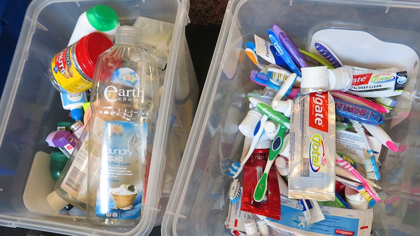 Plastic packaging and toiletry items for recycling, from Waste Wall, Hobart.