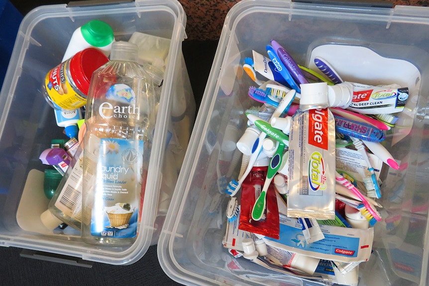 Plastic packaging and toiletry items for recycling, from Waste Wall, Hobart.