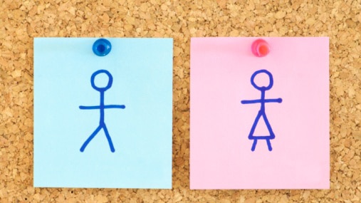 Stick man and stick woman on post-it notes