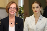 Portrait photos side by side of Julia Gillard, smiling direct to camera, and Emma Watson, looking to the distance. Both in suits