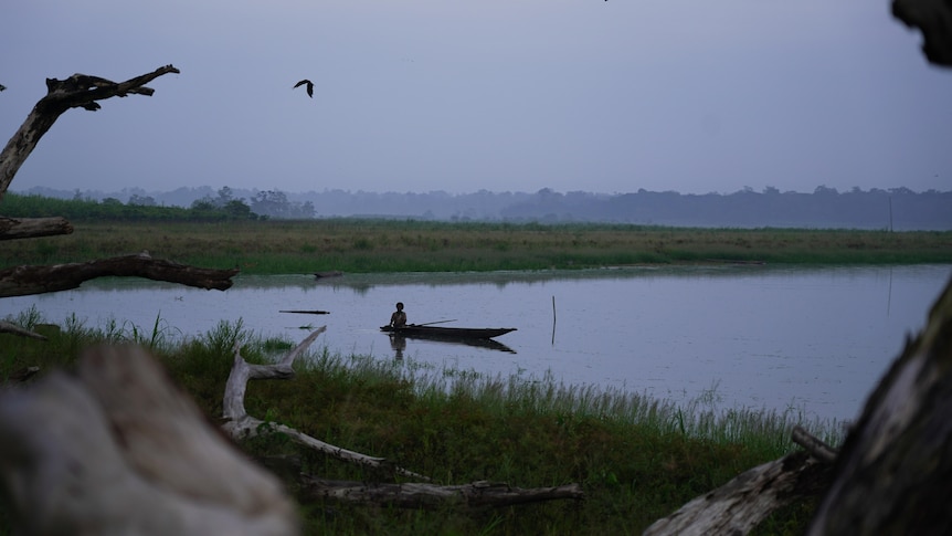 A canoe on a lake.