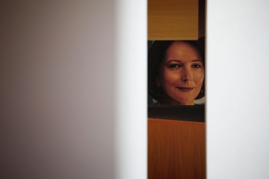 Julia Gillard portrait by Vincent Fantauzzo in Parliament House through two white panes