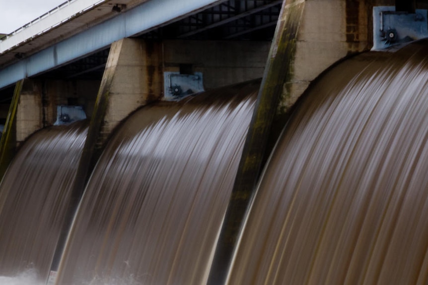 Floodwaters pour through an open dam gate. (ABC News, file photo)