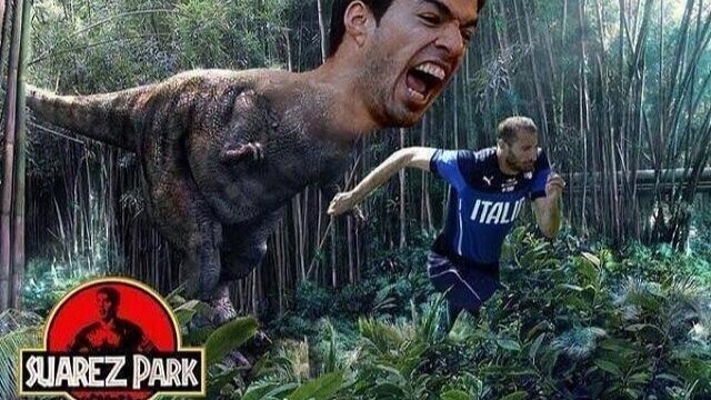 Image depicting footballer Luis Suarez as a t-rex in Suarez Park