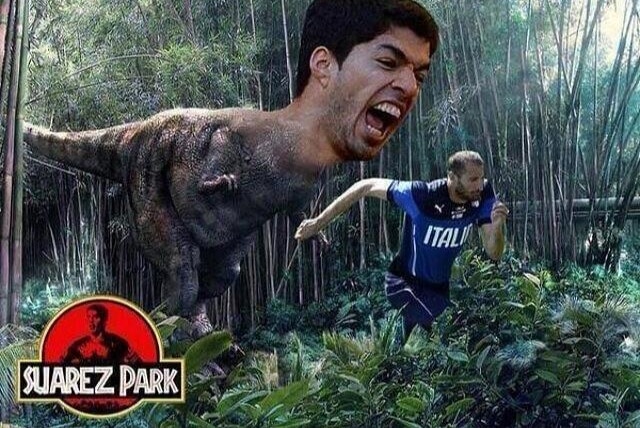 Image depicting footballer Luis Suarez as a t-rex in Suarez Park