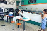 Two women in a laundromat working together to fold a white sheet.