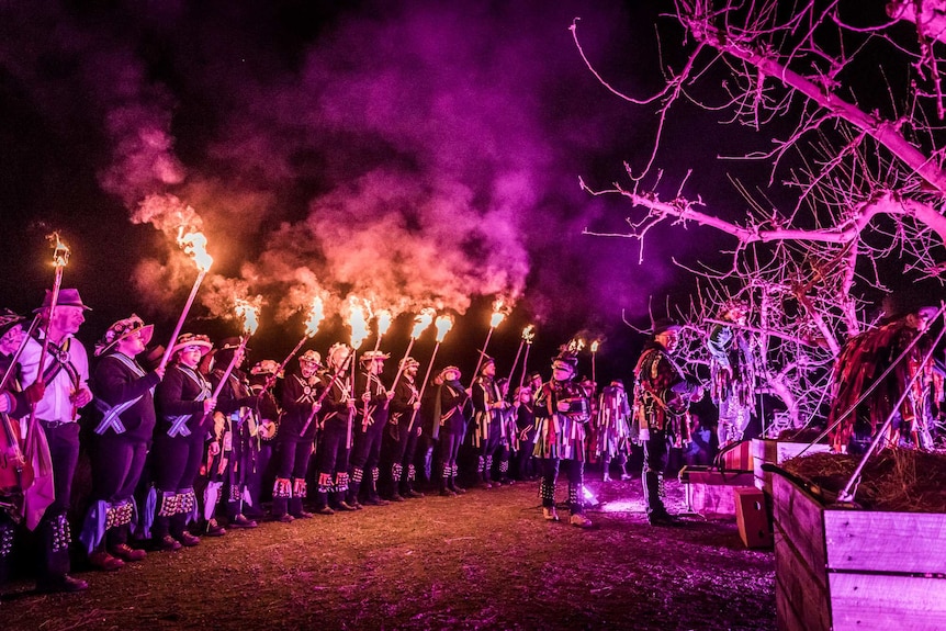 A large row of people wearing morris dancing costumes carry fire-lit torches at night.