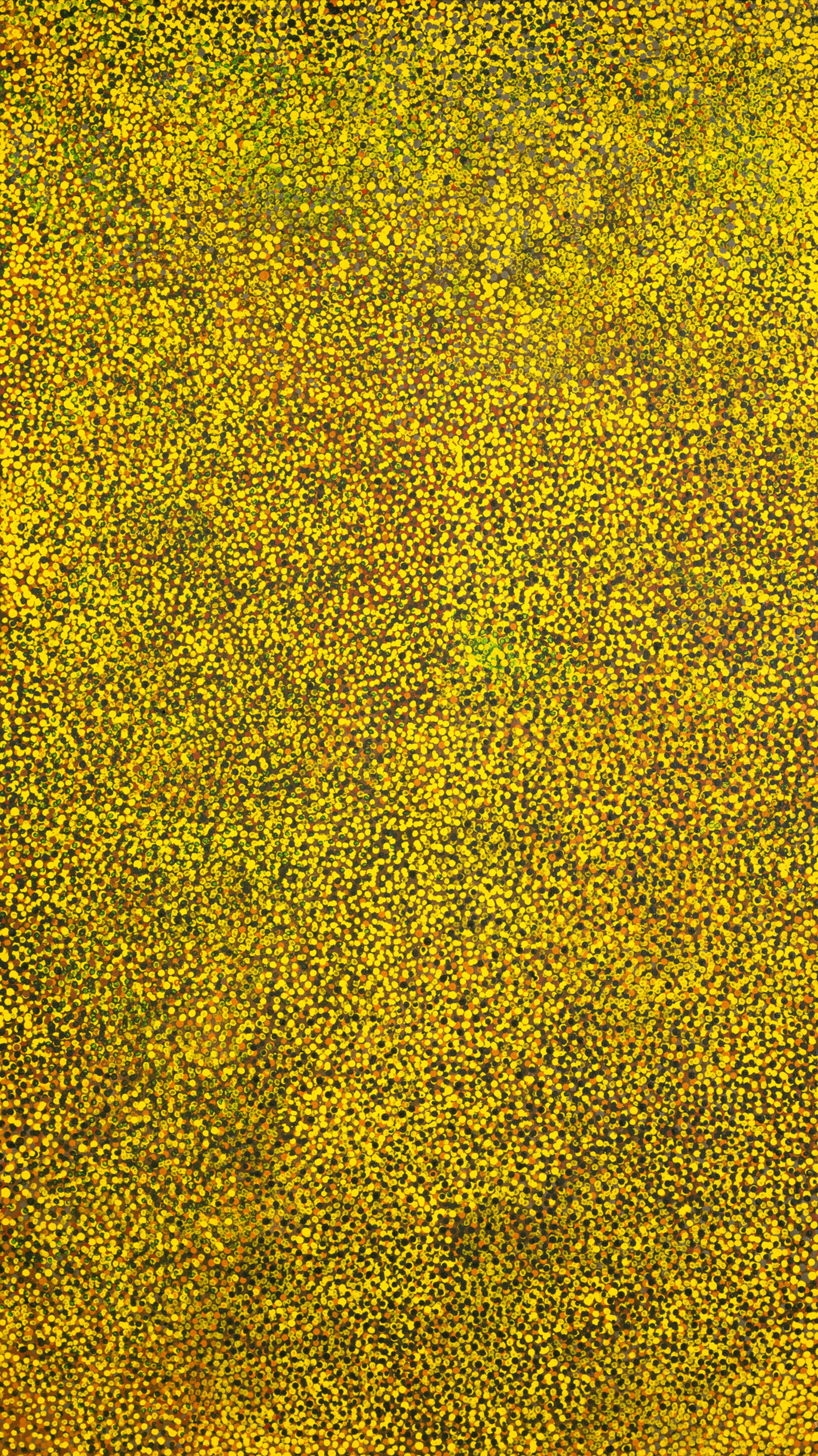 Lots of painted small yellow dots representing seeds on a brown background