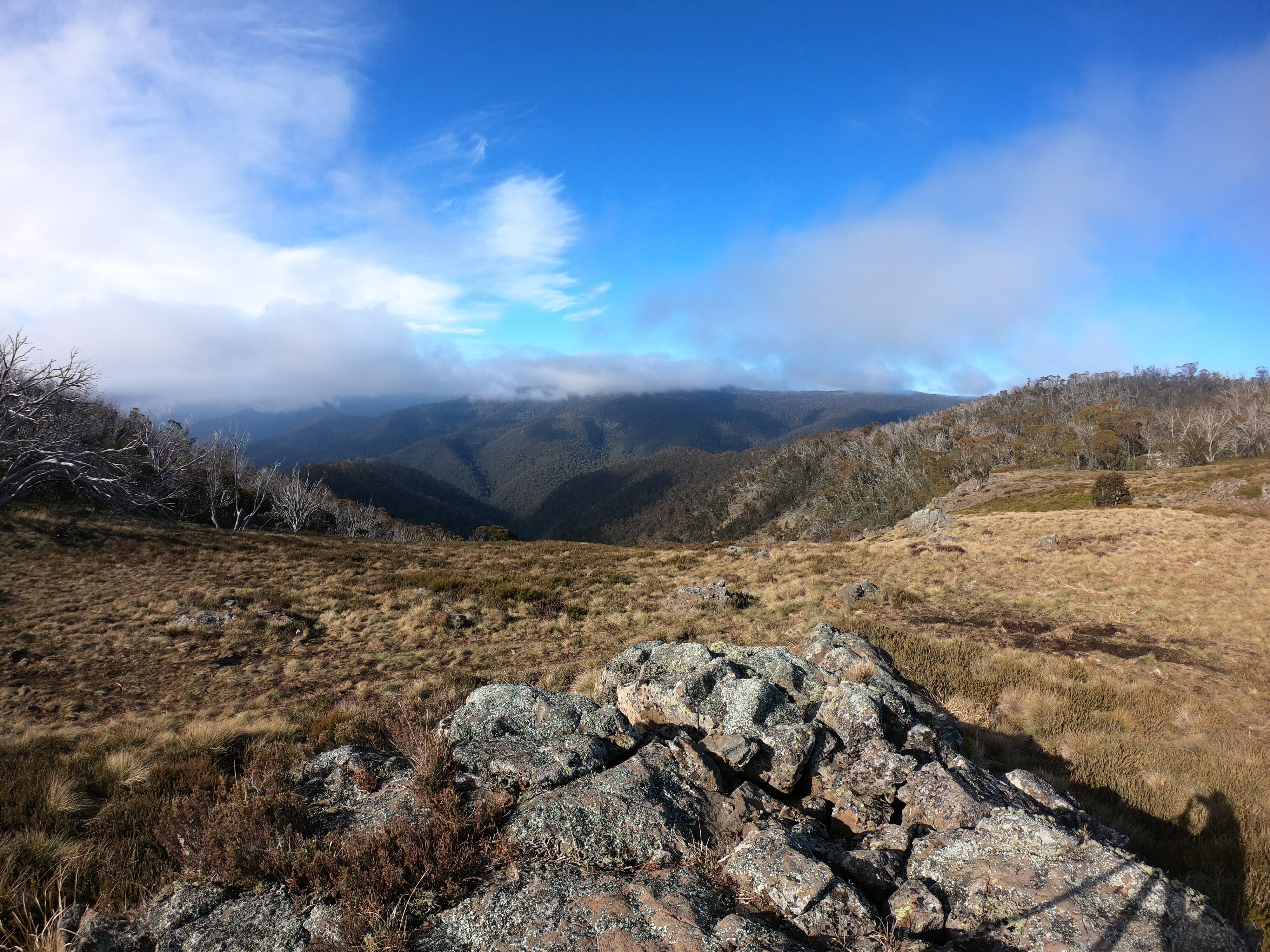 A brown, almost barren land, mountains in the distance and a blue sky with clouds.