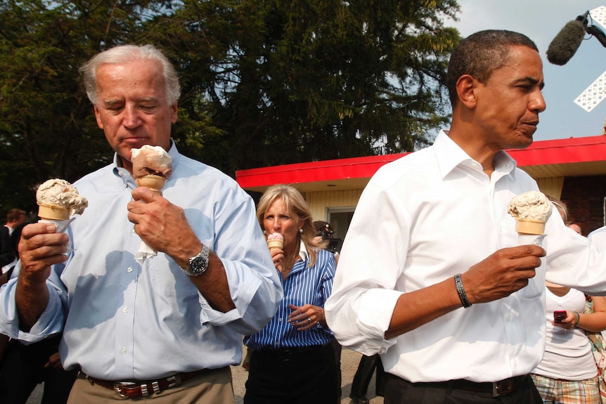 US Democratic presidential nominee Senator Barack Obama and running mate Joe Biden buy ice cream during a campaign stop, 2008.