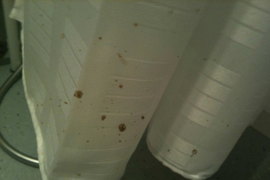 Human faeces on  a shower curtain in an aged care home.