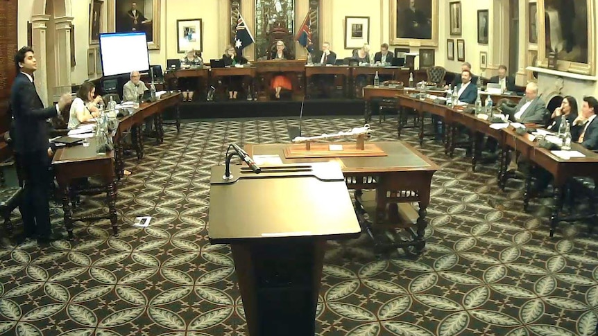 A man on the far left speaks to a council chamber