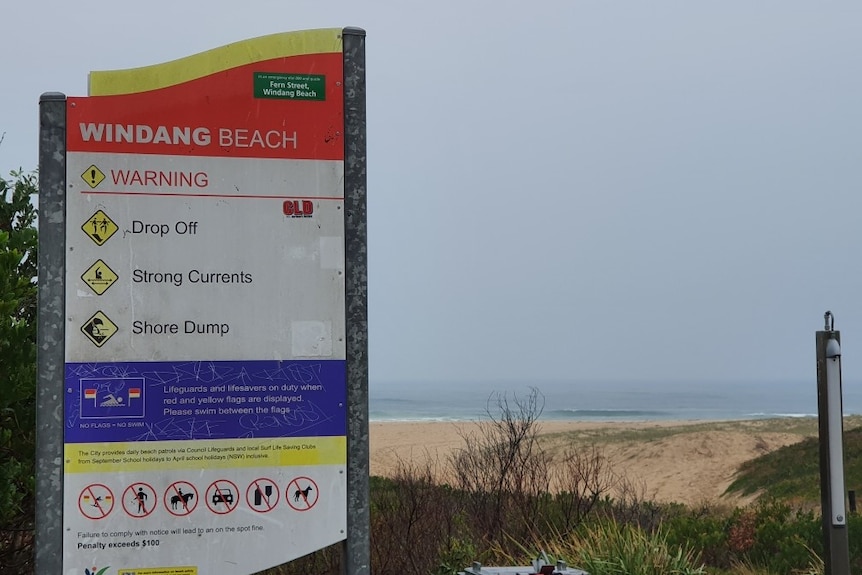 A warning sign at Windang Beach, on the NSW South Coast.
