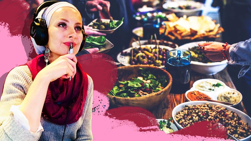 A collage shows Dr Susan Carland and a table of a Ramadan feast for a story about the health benefits of Ramadan and fasting.