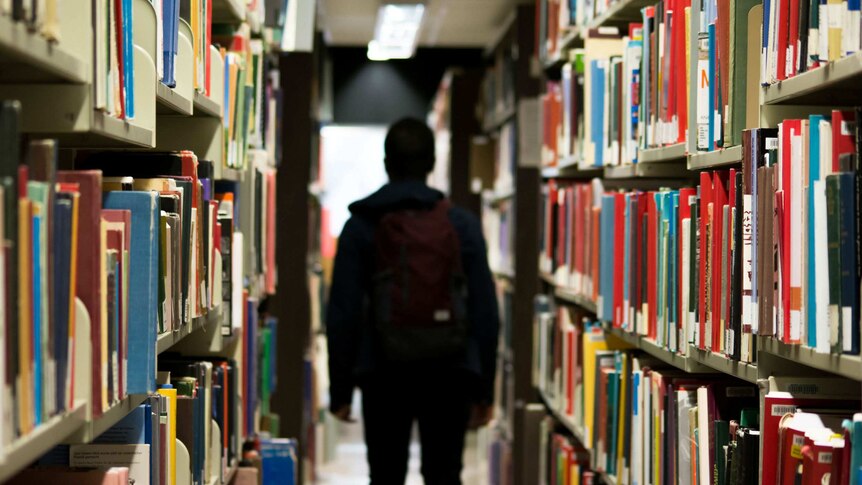 A student is seen from behind walking between two library shelves.