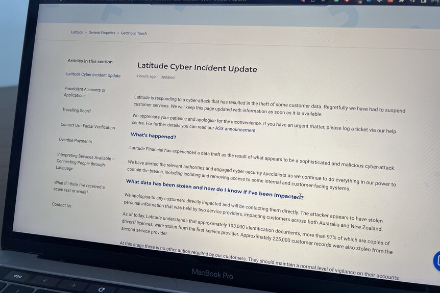 A computer screen with information from Latitude Financial about its data breach.