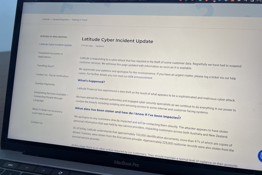 A computer screen with information from Latitude Financial about its data breach.