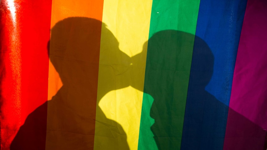 Two people kiss behind a rainbow flag
