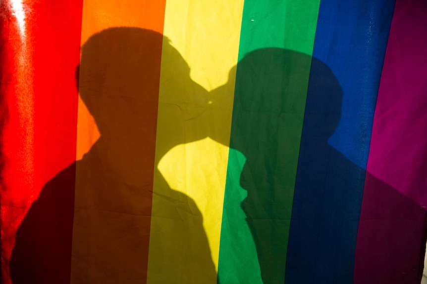 Two people kiss behind a rainbow flag