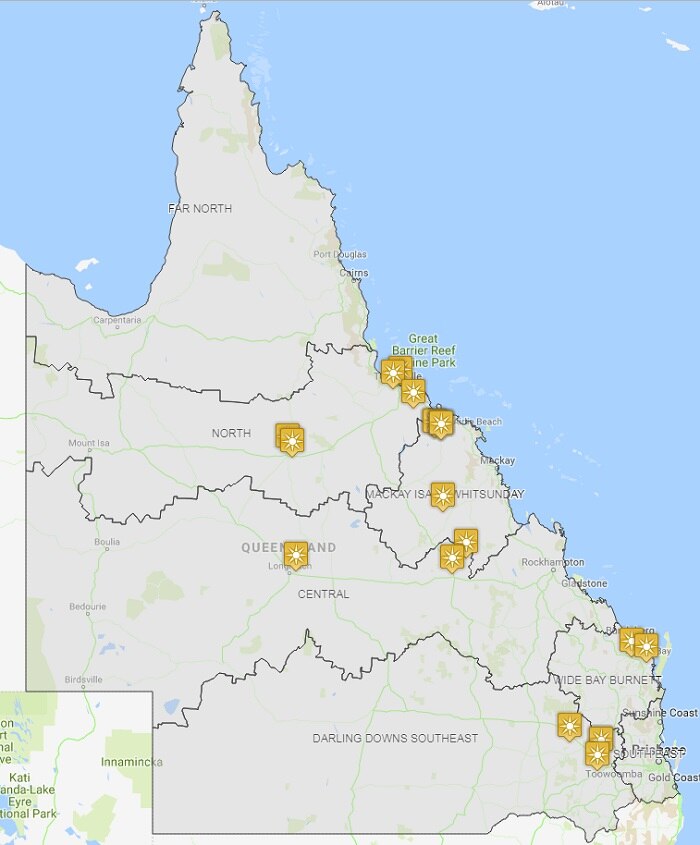 Map of Queensland with icons where solar farms are located