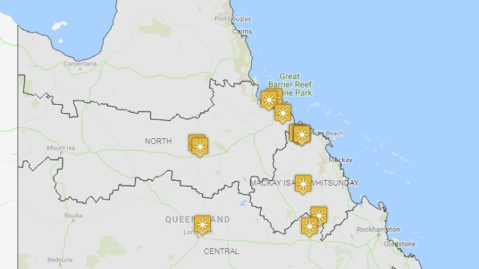 Map of Queensland with icons where solar farms are located