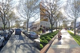 A composite showing the same street, on the left with a road driving down a car and on the right a person on a bike path.